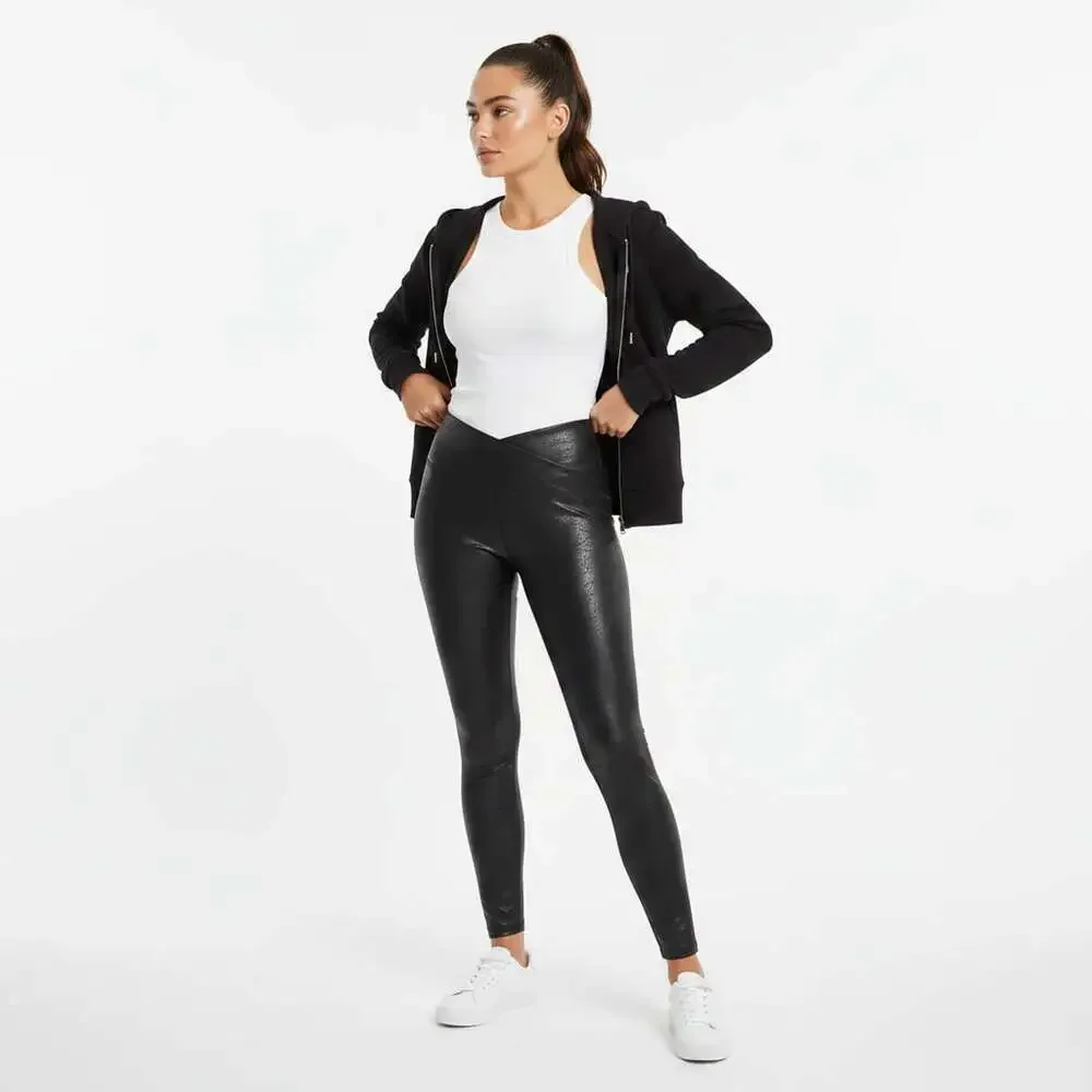 SPANX Faux Leather Leggings Black Size Large High Waist Shaping Style 2437